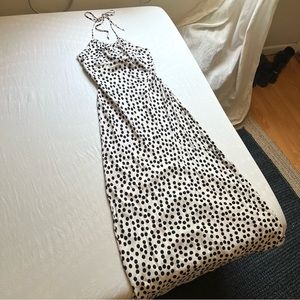 RIXO London white black polka dot halter neck tie back cutout sleeveless midi